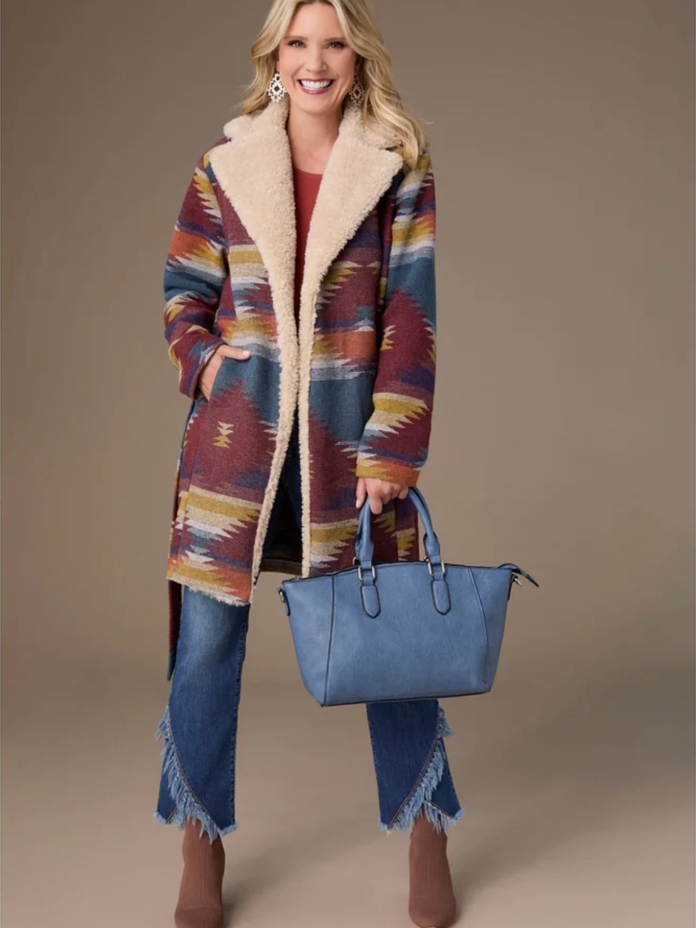 Coco + Carmen Cream Shacket Aztec-Back Cardigan with Rust and Blue Accents L/XL